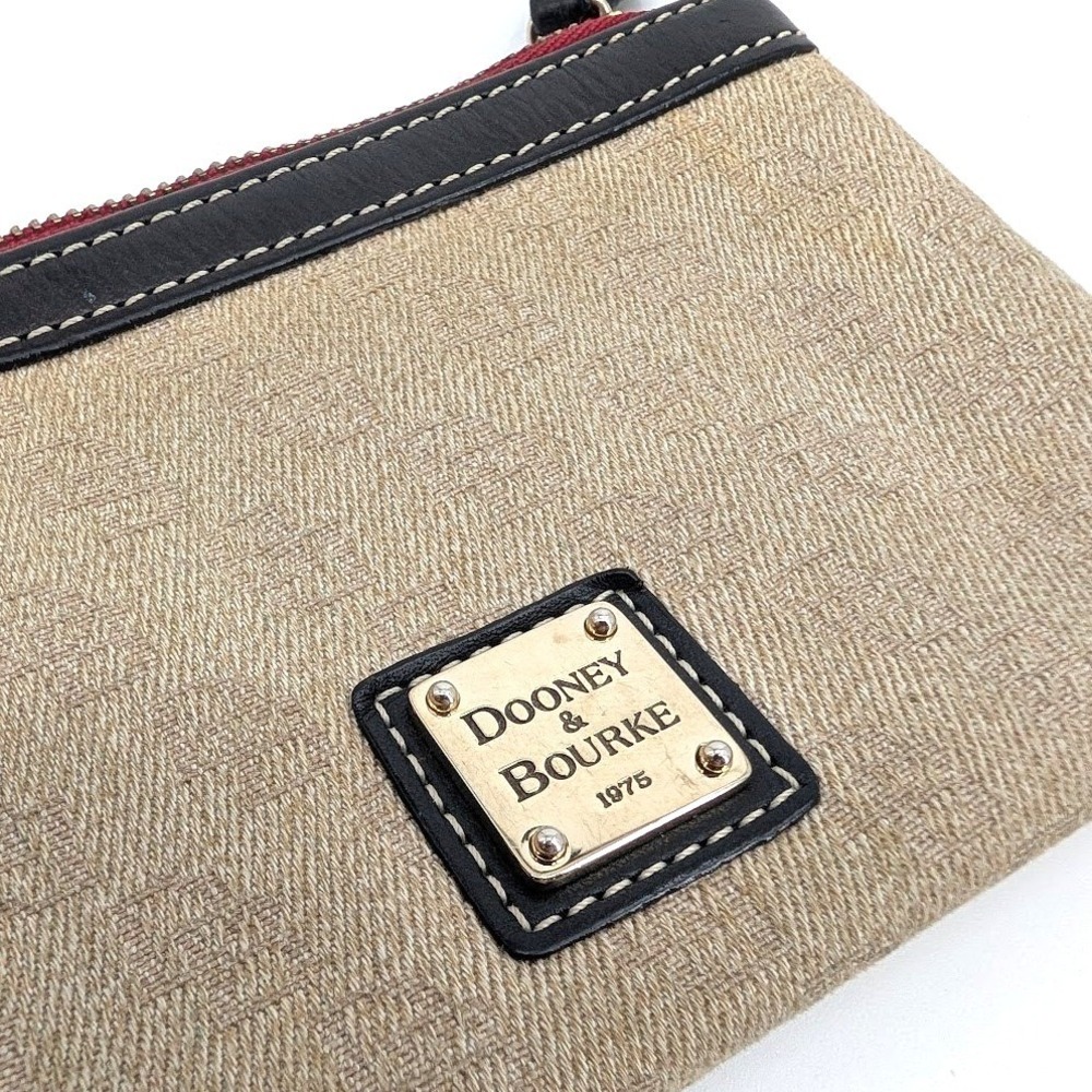 Dooney & Bourke Tan Jacquard Monogram Small Zip Pouch Black Leather Trim